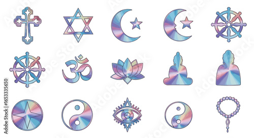 Collection of iridescent religious symbols representing diverse faiths