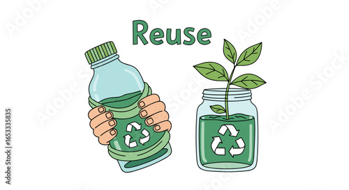 Hands holding bottle and jar with reuse symbol and plant illustration