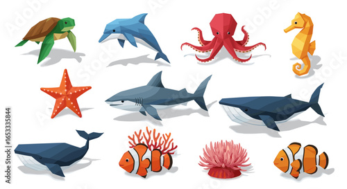 Collection of low poly sea creatures including turtle dolphin and shark