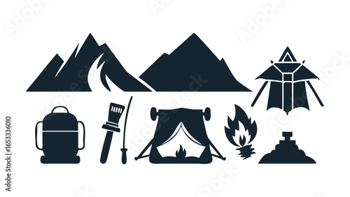 Camping scene with mountains, tent, lantern, fire, brush, and a mysterious structure silhouetted