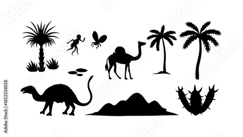 Silhouette of desert landscape featuring camels, trees, mountains, and a running figure with an insect