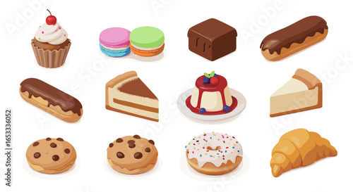 Isometric view of various desserts including cakes cookies and pastries