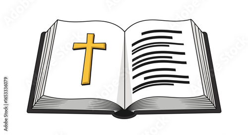 Open bible with a golden cross on the left page and text on the right