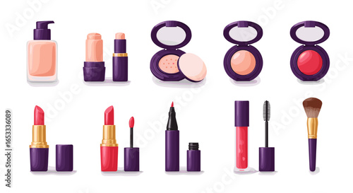 Illustration of various makeup products arranged in an organized manner