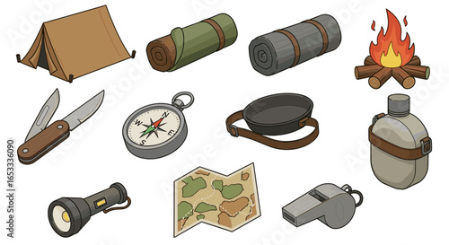 Illustration of camping gear including a tent, compass, and campfire