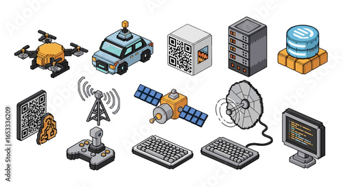 Isometric pixel art depicting various technology and communication items