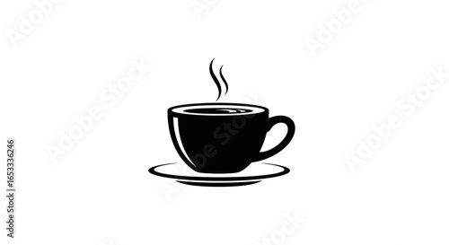 Silhouette of a steaming coffee cup sitting on a saucer in black and white