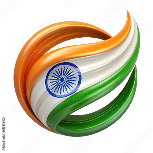 Abstract swirling globe design featuring the indian flag colors and ashoka chakra isolated on transparent background