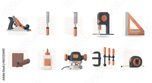 Illustration of various woodworking tools arranged on a white surface