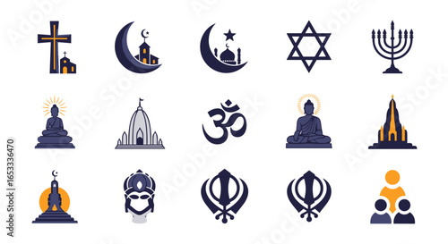 Illustration showcasing various religious symbols and places of worship icons