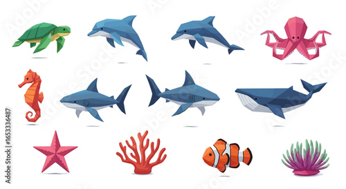 Collection of low poly sea animals including turtle dolphin and shark
