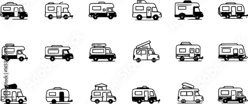 Set of icons camping car or trailer for camping in line style. Caravan icons in trendy line style.
