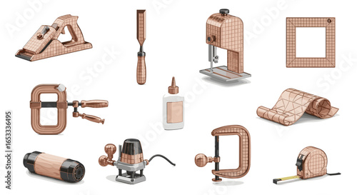 Illustration of various woodworking tools arranged on a white surface