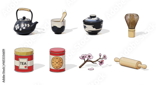 A collection of tea ceremony items and baking tools on a white surface