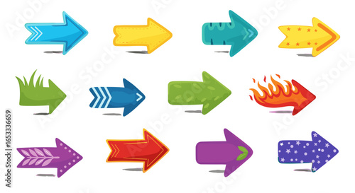 Collection of colorful cartoon style arrows pointing to the right side