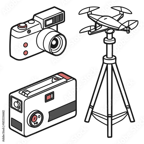 Camera gear photography equipment including drone tripod and vintage camera for photographers and videographers