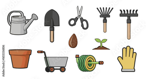 Illustration of gardening tools including watering can and seedling plant