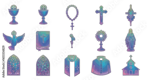 Collection of religious symbols including chalices, crosses and rosary