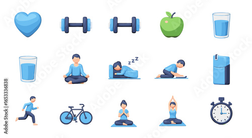 Illustration showing healthy lifestyle elements including exercise and diet