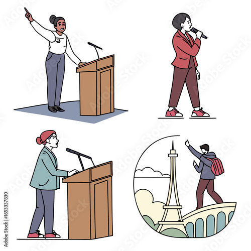 Illustration of public speaking and travel featuring speakers lecturers and a paris tourist scene
