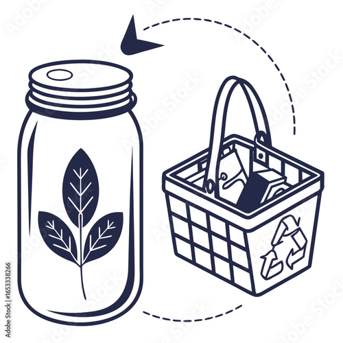 Sustainable living zero waste concept jar with leaf and recycling basket eco friendly lifestyle 100