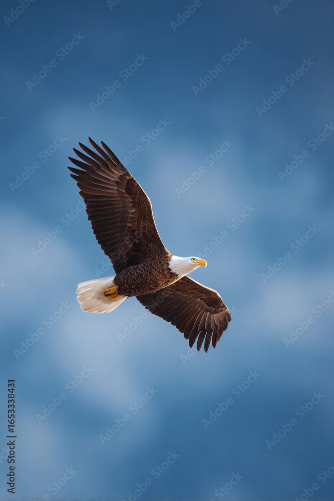 Obraz premium Majestic eagle soaring through a clear blue sky. Symbol of freedom and strength. Perfect for patriotic themes, wildlife projects, or representing aspirational goals.