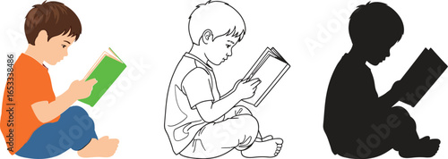 Illustration of boy reading book in color outline and silhouette