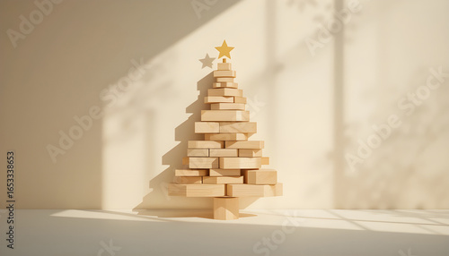 Wallpaper Mural Minimalist Wooden Christmas Tree Decorated with Golden Star.A charming, minimalist Christmas tree crafted from light-brown wooden blocks. Torontodigital.ca