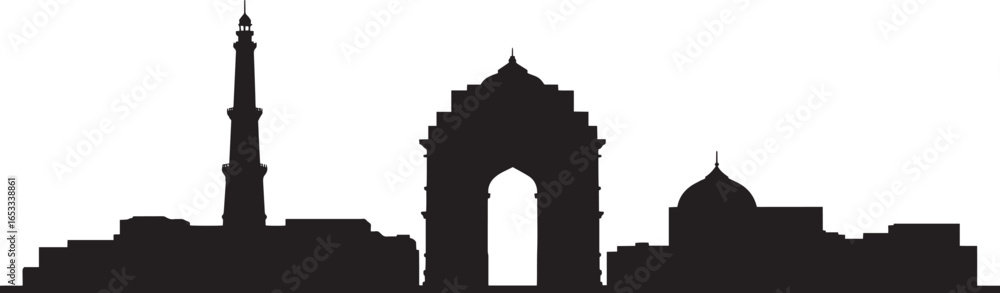 Fototapeta premium New Delhi Skyline Silhouette Vector Illustration with Famous Landmarks and Cityscape