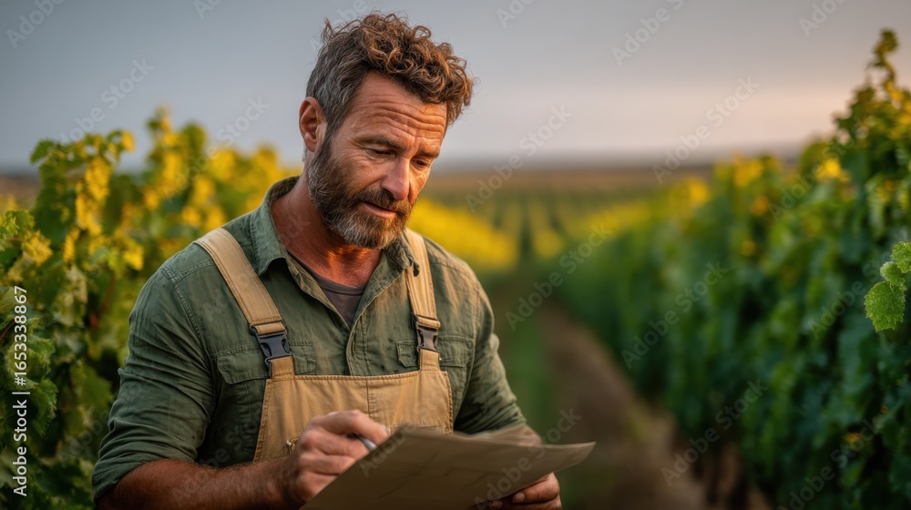 Fototapeta premium Un vigneron attentive prend des notes au coucher du soleil dans les vignes luxuriantes