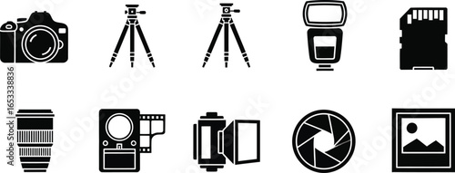Photography equipment vector set camera lens tripod flash card