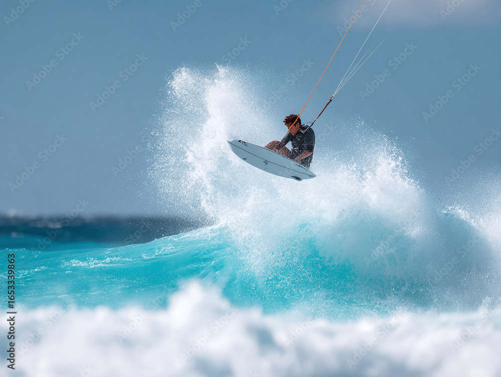 Obraz premium A kitesurfer soars above turquoise waves, showcasing freedom and skill. Perfect for travel, sports, and adventure themes, symbolizing adrenaline and summer fun.