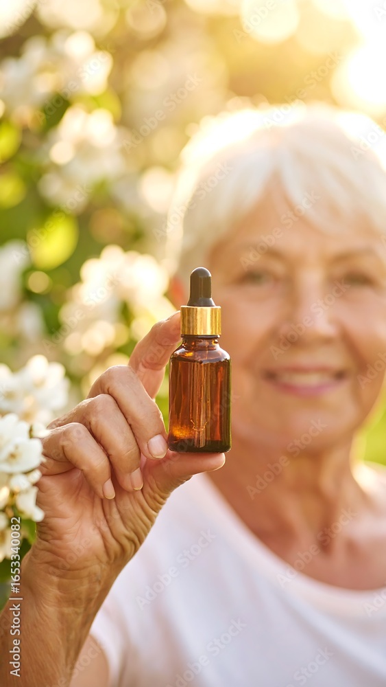 Fototapeta premium Senior woman holding small amber bottle of serum in garden