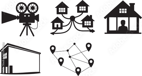 Real Estate Network Connection Film Production Home Location Map Icon Set Silhouette