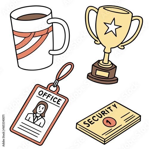 Illustration of a coffee mug, trophy, office id badge, and security pass on a white background on transparent background
