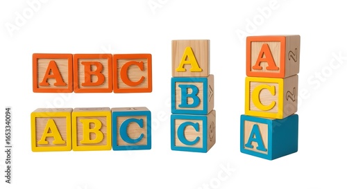 Colorful wooden alphabet blocks spelling abc and building towers