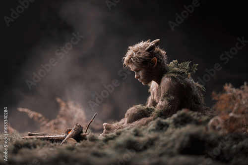 A solitary, horned faun sits pensively by a small fire in a dark forest, symbolizing isolation, mythology, or fantasy. Evokes a sense of mystery, longing, and the wild.