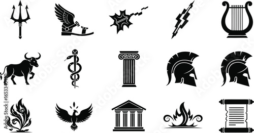 Ancient greek mythology symbols vector icon set illustration