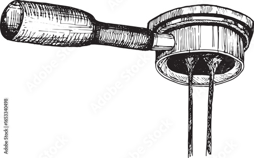 Hand-drawn portafilter with espresso flow — vintage sketch of coffee brewing tool for cafes, baristas, and coffee lovers