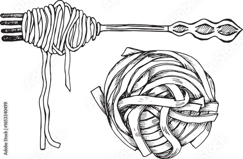 Hand-drawn sketch of pasta with fork — vintage Italian food illustration for menus, cooking books, and restaurant design
