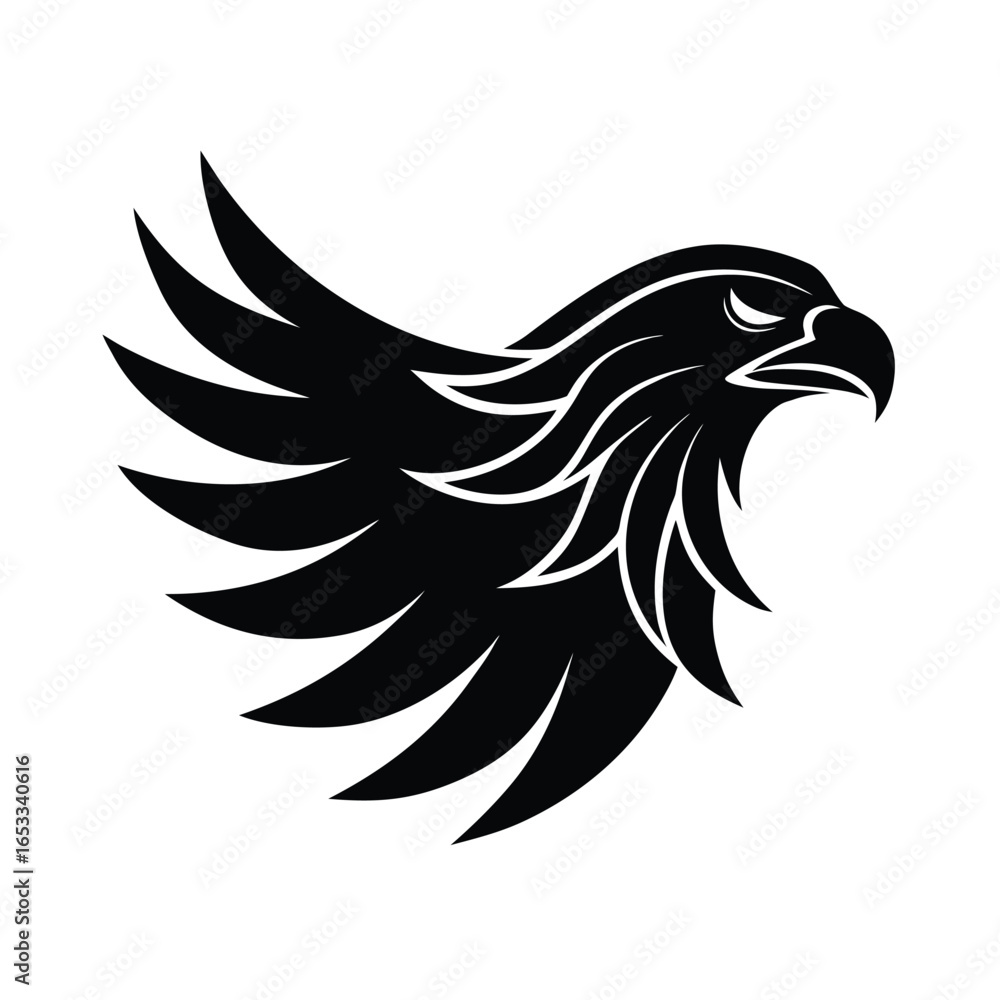 Obraz premium Black stylized eagle in flight with flowing feathers