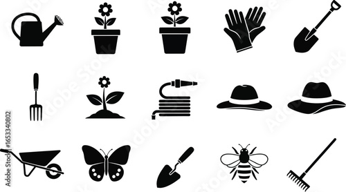 Gardening tools and accessories vector icons black and white