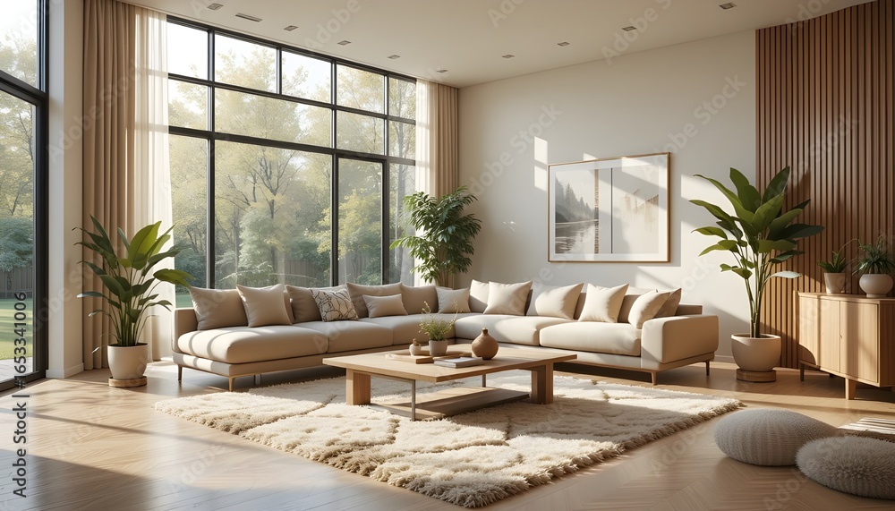 Fototapeta premium A cozy modern living room with a large sofa, coffee table, soft rug, and sunlight coming through big windows 