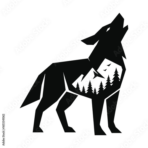Howling Wolf Double Exposure Logo with Forest and Mountain Scene – Wildlife Vector for Outdoor Branding and Nature Tattoos