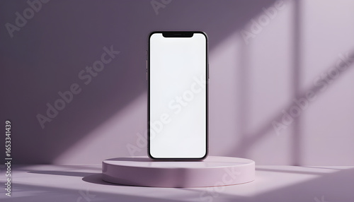Wallpaper Mural Modern Smartphone Mockup on a Pastel Pink Podium.A stylish mockup of a smartphone with a blank white screen, displayed on a round, pastel pink podium against a soft, lavender-toned background. Torontodigital.ca