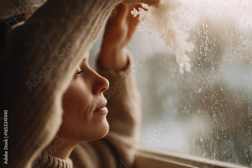 woman decorates her window with snowflakes finding joy in cozy atmosphere of winter evening