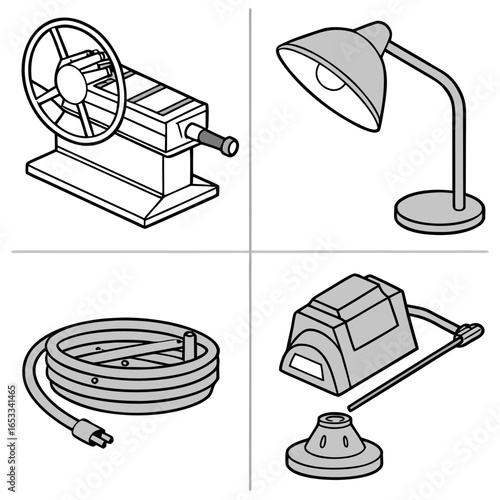 Illustration featuring a manual pencil sharpener, a desk lamp, a coiled cable, and an electric sharpener on transparent background