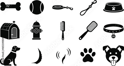 Dog accessories and supplies vector icon set for pet care shop
