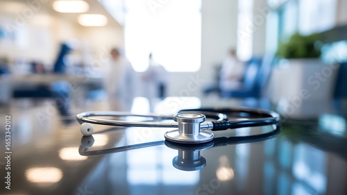 Doctor s stethoscope resting on a reflective surface in a modern medical clinic waiting room