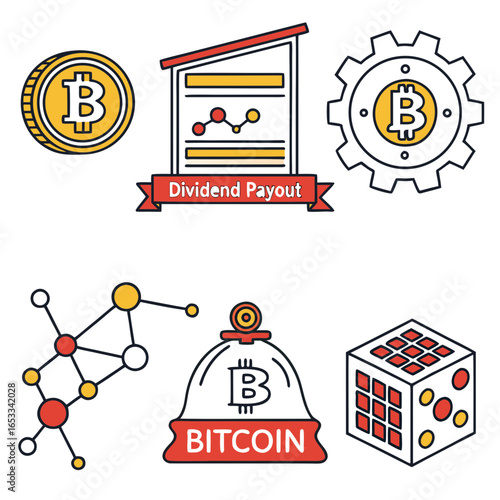 Illustration showing bitcoin coin dividend payout graph gear network bag and cube representing cryptocurrency assets on transparent background